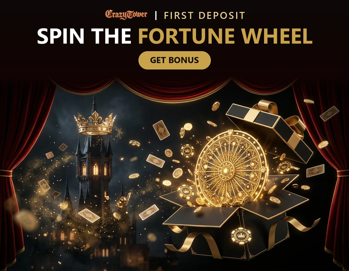 Black gift box bursting with gold coins and a fortune wheel for the Crazy Tower welcome package