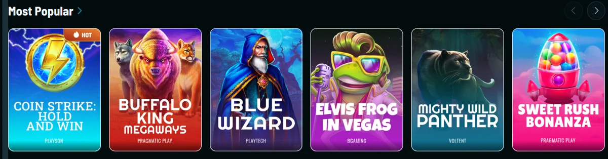 Slot tiles Buffalo King Megaways, Blue Wizard, Elvis Frog in Vegas and Mighty Wild Panther from a casino lobby row