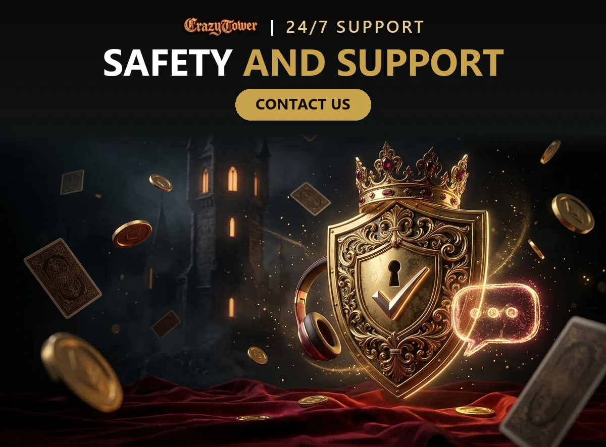 Golden shield with a keyhole and headset showing account safety and round the clock support